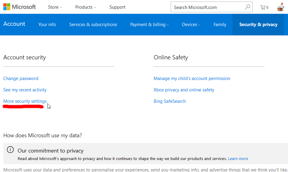 microsoft account security change password